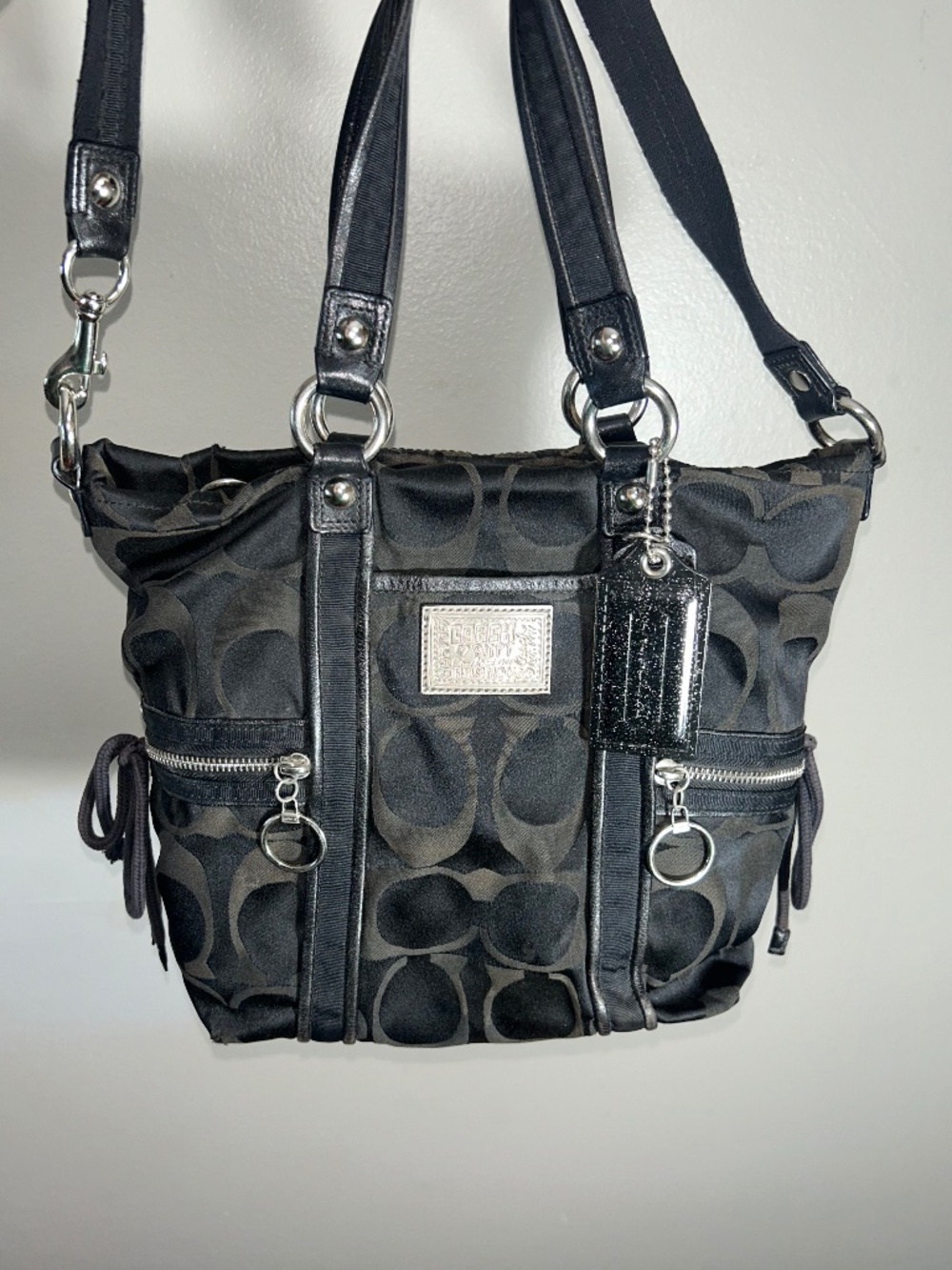 Large COACH POPPY Signature Y2K Sateen  Spotlight Black Tote Shoulder Bag F13843